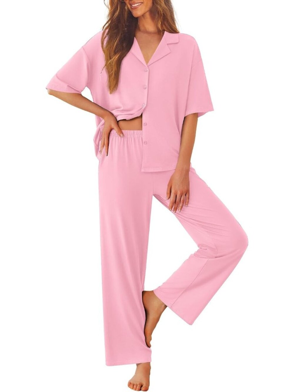 Women Pink Notch Lapel Short Sleeve Shirt Sleepwear with Long Pajamas Set